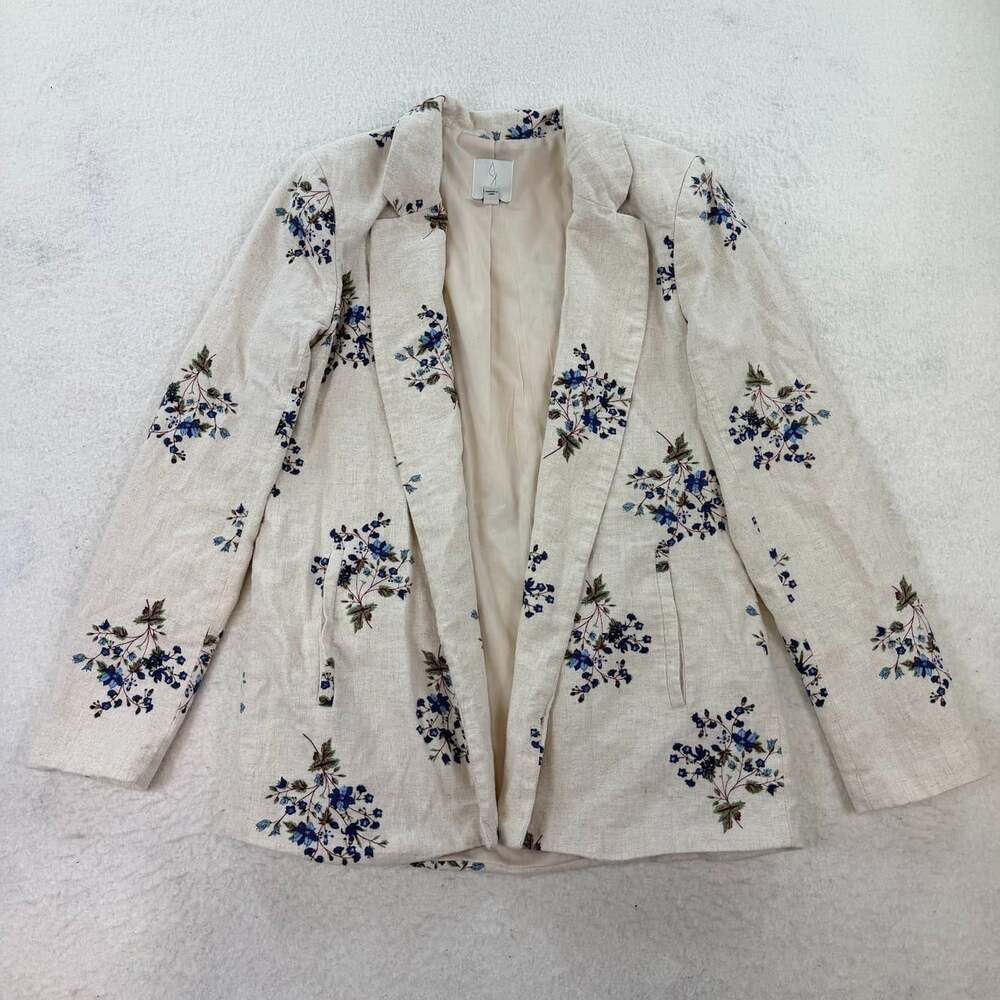 JOIE Cream Floral Linen Blend open Front Blazer Business Casual Coastal Size M